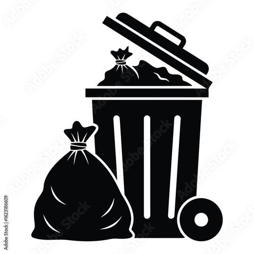 Art of black silhouette of a full trash bin with a garbage bag and lid, isolated on white background