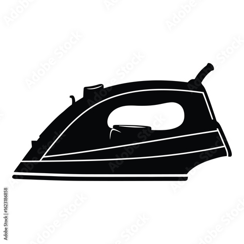 Art of black silhouette of a modern steam iron isolated on white background, a common household appliance for smoothing clothes and removing wrinkles