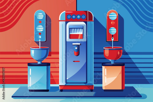vector of Standing water cooler and spa device for cold and hot water with blue and red faucet or cold and hot water button. The background contrasts the color of the device.