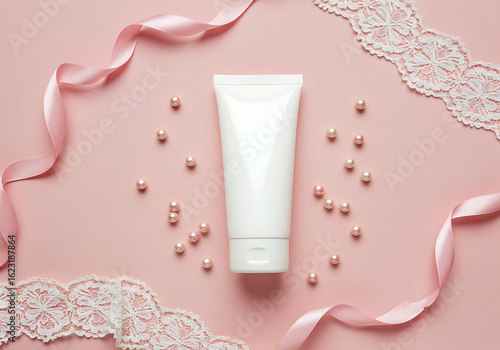 Blank Cosmetic Tube Mockup with Pearls and Ribbon