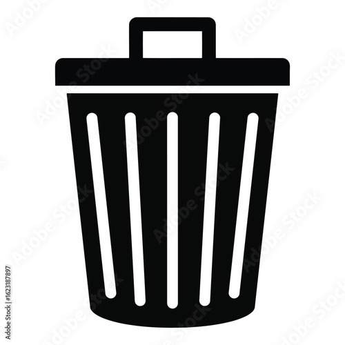 Art of a simple black icon of a trash bin with vertical slats and a lid, isolated on a white background
