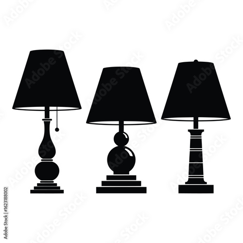 Art of three distinct table lamps in silhouette, isolated on white background, showcasing varied designs from classic to modern styles