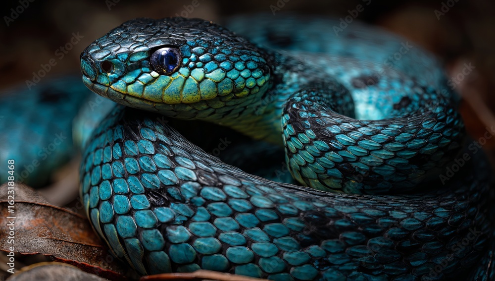 Obraz premium A vibrant blue and green snake with scales that shimmer in the sunlight, slithering through leaves on a forest floor. The body is adorned with intricate patterns of black dots.