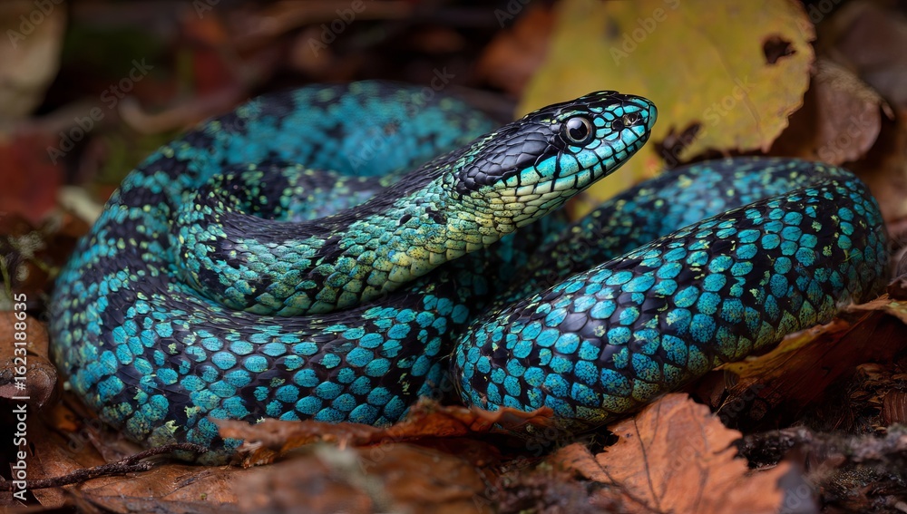Obraz premium A vibrant blue and green snake with scales that shimmer in the sunlight, slithering through leaves on a forest floor. The body is adorned with intricate patterns of black dots.