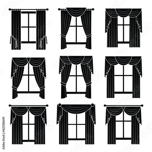 Art of collection of nine black silhouette window curtain treatments with various styles and decorative elements, isolated on white background