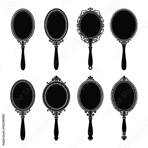 Art of collection of eight ornate vintage handheld mirrors with oval and round shapes, isolated on white background