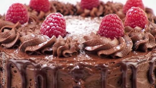 Delicious chocolate cake decorated with raspberries