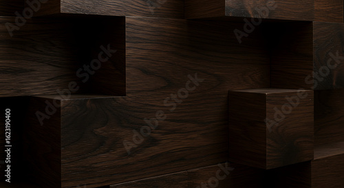 Fototapeta Naklejka Na Ścianę i Meble -  Dark wood textured geometric pattern with 3d blocks and shadows