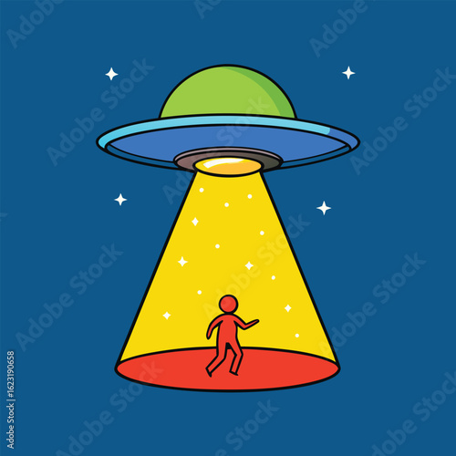 Cartoon UFO Abduction Scene with a Single Person in a Bright Beam