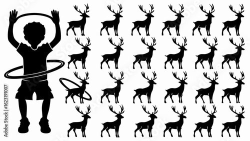 Silhouette of a boy with a hula hoop and a repeating pattern of deer with large antlers in black