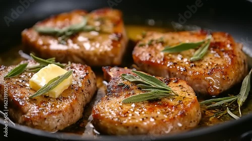 Fried pork chops with herbs and butter