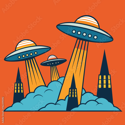 Retro Style UFOs Abducting City Buildings in a Whimsical Illustration