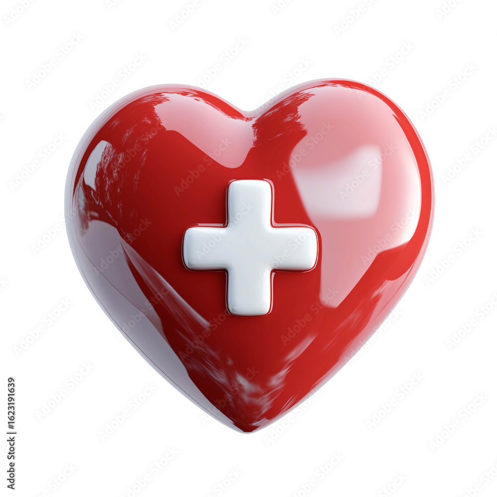 Obraz premium Red heart symbol with white medical cross, representing healthcare, love, and compassion, ideal for medical, wellness, and emergency services themes in design projects