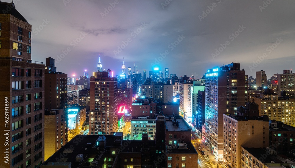 Obraz premium A vibrant New York City cityscape at night with illuminated skyscrapers and colorful neon lights under a cloudy sky.