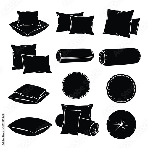 Art of collection of various pillow and cushion shapes, including square, rectangular, round, and bolster styles, isolated on white background