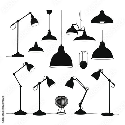 Art of collection of black silhouette lamps and lighting fixtures isolated on a white background, showcasing diverse designs