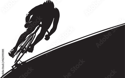 Silhouette of Cyclist in Forward-Leaning Motion on Curved Path for Speed and Focus
