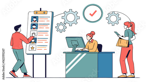 Hr recruitment process candidate selection job interview hiring team workflow management illustration