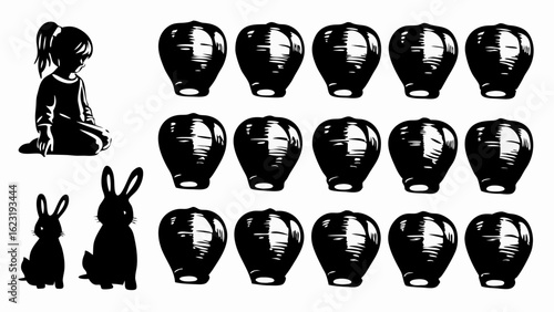 Silhouette of a girl kneeling with two rabbits and fifteen pots in a black and white illustration
