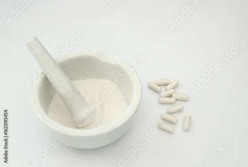 Antidepressants and medical bottle on light white background