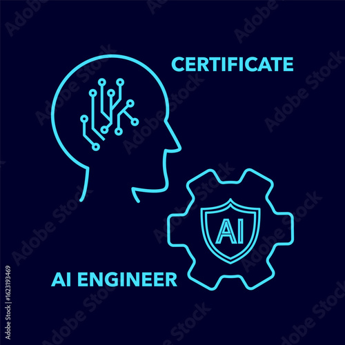 AI engineer icon. Certificate text vector. Neon head symbol. Digital profile gear. EPS 10.