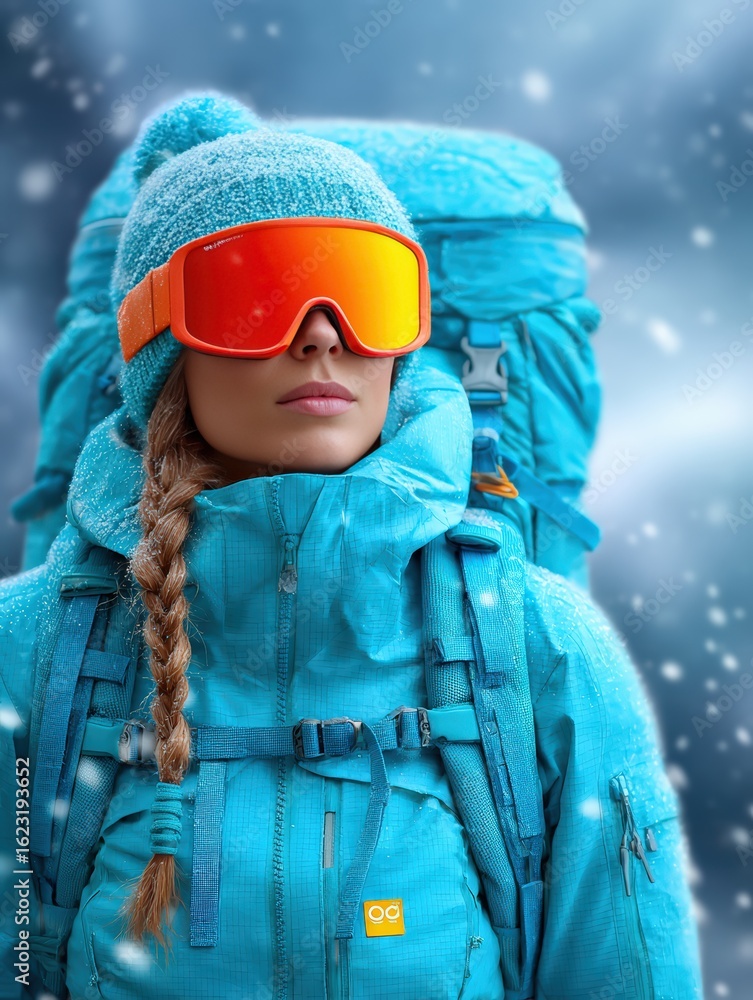 Woman Hiking in Winter with Full Outdoor Gear and Warm Clothing Woman Hiking in Winter with Full Outdoor Gear and Warm Clothing