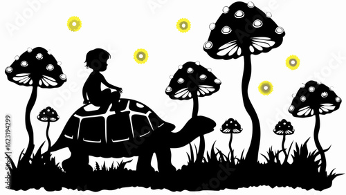Silhouette of child riding a turtle among mushrooms and glowing orbs in a whimsical landscape design