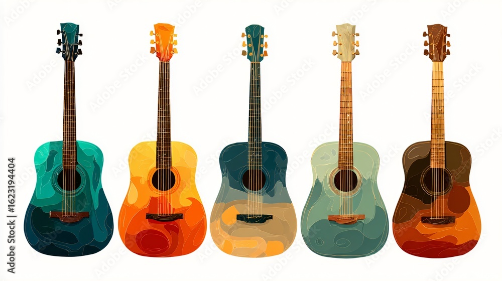 Naklejka premium Colorful Classical Acoustic Guitars Vector Set for Music Enthusiasts