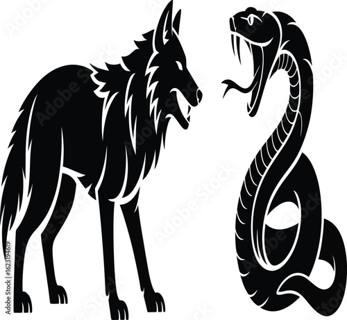 black wolf and snake facing each other clip art preview