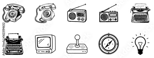 Collection of Communication and Technology Icons Including Radio, Typewriter and Compass for Digital and Electronic Devices

