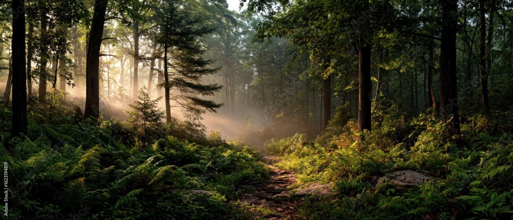 Obraz premium Misty forest path at dawn