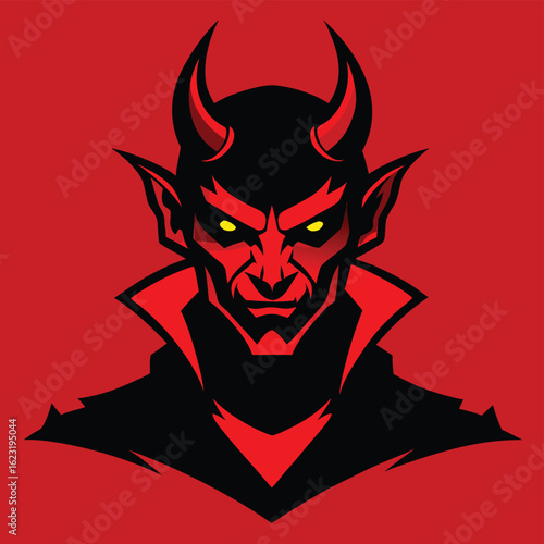 A menacing red devil head mascot with glowing eyes, a powerful demonic vector illustration for branding, unique concept