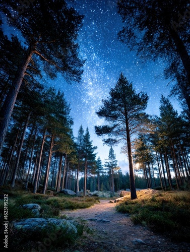 Starry night forest path