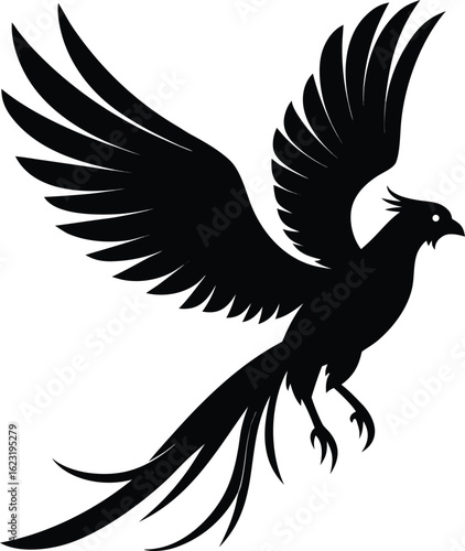 Stylized graphic illustration of a mythical phoenix bird taking flight, a powerful black silhouette symbol of renewal