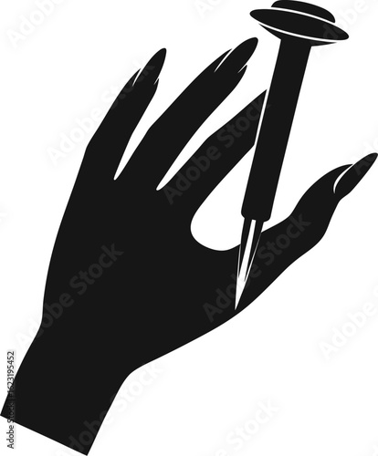 A stylized female hand holds a sharp scribe tool in this black silhouette illustration, symbolizing delicate precision and craft