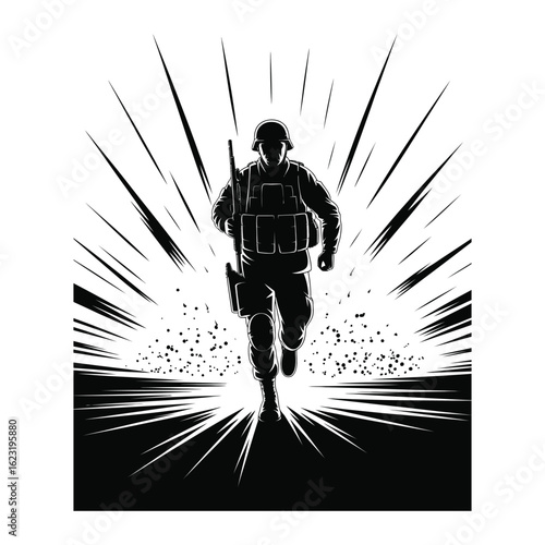 Battlefield explosion with soldier running silhouette vector isolated black and white