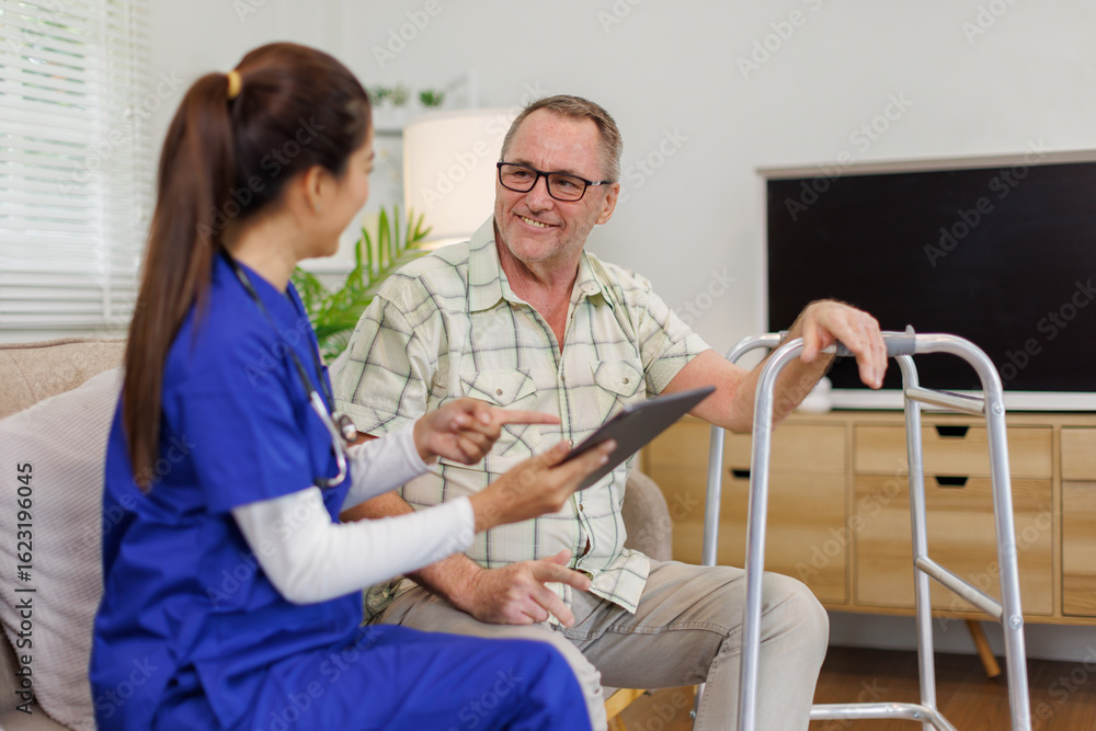 Obraz premium Senior man, doctor or Nurse and clipboard for discussion, healthcare checkup in nursing home. Elderly person, medical professional and diagnosis advice, exam and results for consultation in retirement