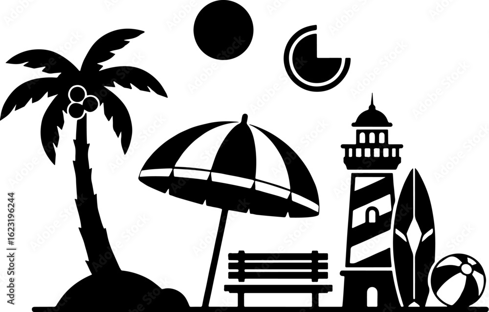 Fototapeta premium Vector art of tropical beach scene with palm tree and lighthouse isolated on white background