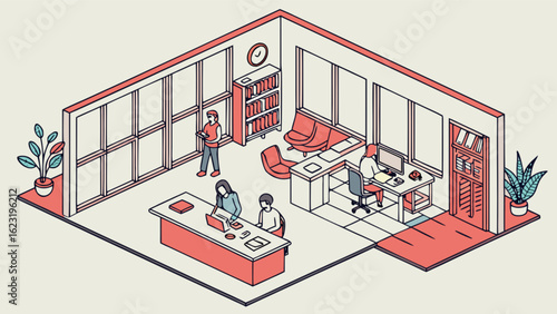 Isometric office space design with employees working at desks and relaxing in the lounge area layout