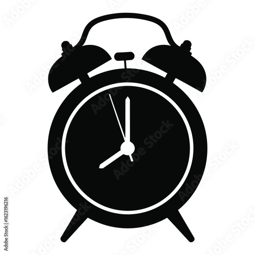 Art of black silhouette of a classic twinbell alarm clock isolated on white background, symbolizing time and wakefulness