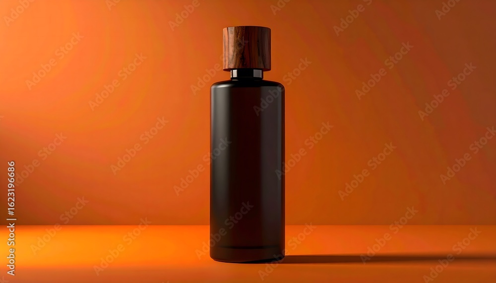 Naklejka premium Dark Glass Bottle with Wooden Cap, Isolated on Orange Background