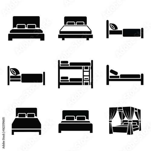 Art of collection of various bed types and styles isolated on white background, including bunk beds, canopy beds, and standard beds