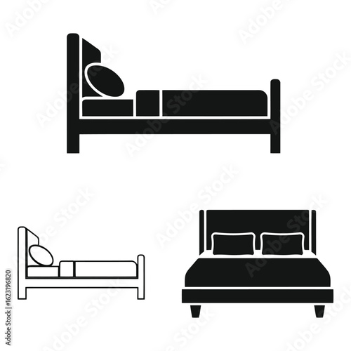 Art of collection of three different bed designs, isolated on white background