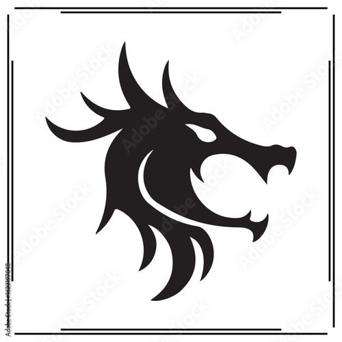 Dragon Head Silhouette Fierce Dragon Icon with Flames, Mythical Creature Design for Fantasy Art, Magic, and Creative Use