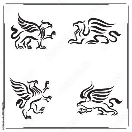 Gryphon Silhouettes Set - Mythical Gryphon and Lion Designs, Fantasy Creature Icons for Magic, Fantasy Art, and Creative Use