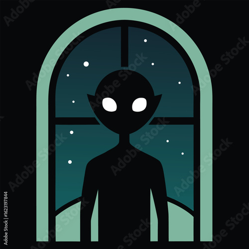 A lonely alien with glowing eyes gazes through a window at the stars