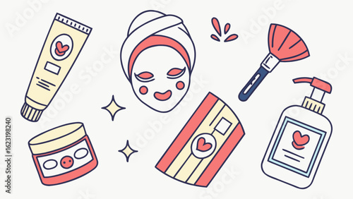 Cute skincare beauty products illustration for spa day and self care routine with face mask and lotion set up
