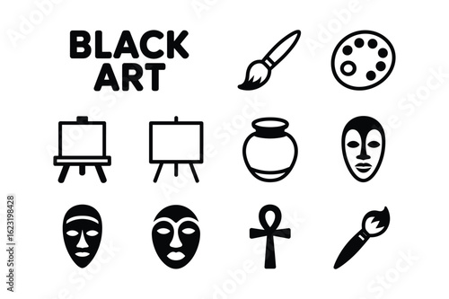 Black art icons featuring masks easels paintbrushes palette and ankh line art