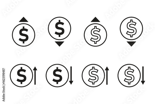 Dollar sign vector. Dollar currency sign in fill color and line art. Money rising and decreasing sign vector. Cost increasing and decreasing sign.