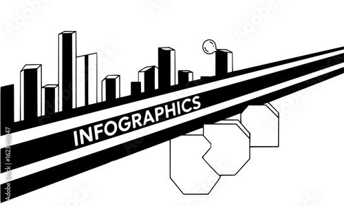 Infographic with rising bar charts and geometric shapes isolated on white background